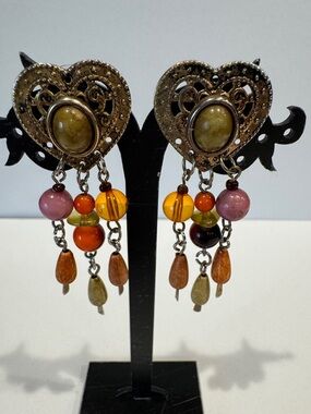 Vintage Designer Bohemian Heart Art Glass Dangle pierced Earrings EUC